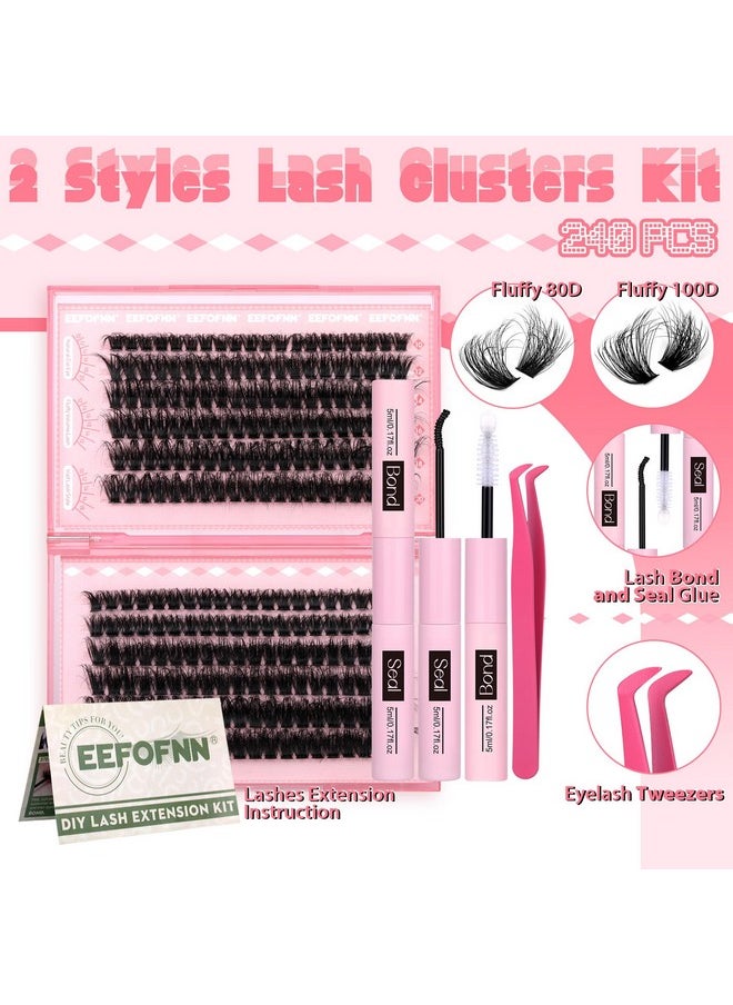 Eefofnn Fluffy Lash Extension Kit 240pcs DIY Individual Eyelashes Kit 80D+100D Cluster Lashes with Bond and Seal Lash Glue Tweezers 10-20MM D Curl Volume Eyelash Extensions DIY Lashes Extension Kit