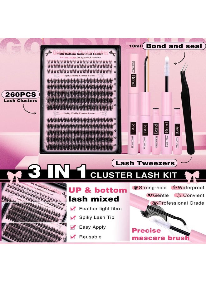 Goddvenus Lash Extension Kit Wispy Lash Clusters Kit Natural C Curl Fluffy Cluster Eyelash Extensions Individual Lashes Kit with Bottom Lash Clusters Waterproof Bond and Seal Tweezers DIY at Home