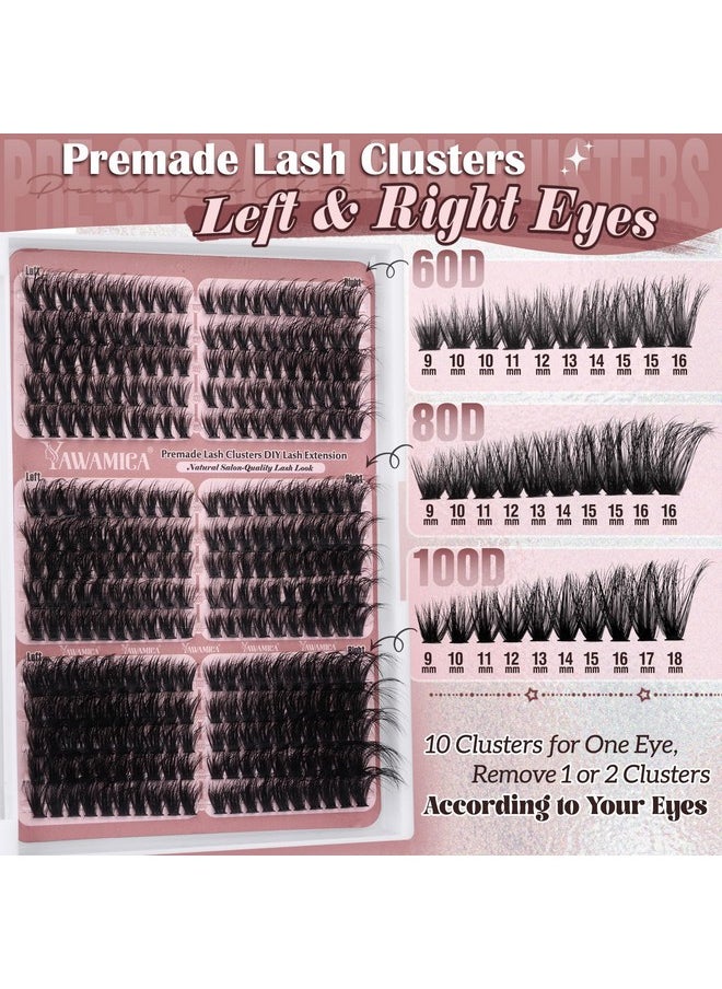 Yawamica Cat Eye Lash Clusters Fluffy Cluster Eyelash Extensions Wispy Individual Lashes Premade Eyelash Clusters Left Right Cluster Lashes 60D 80D 100D Volume 300pcs Eye Lashes Clusters DIY Lash