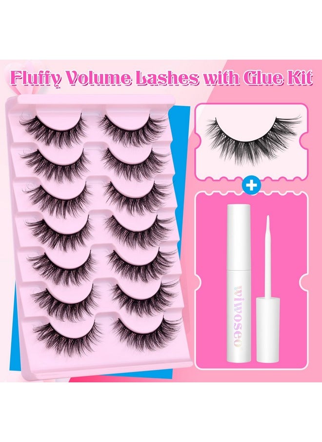 Wispy Lashes Natural Look False Eyelashes with Lash Glue Cat Eye Lashes Kit Lashes Extension with Eyelash Glue Short Mink Lashes Pack, 7 Pairs with Clear Lash Glue by wiwoseo