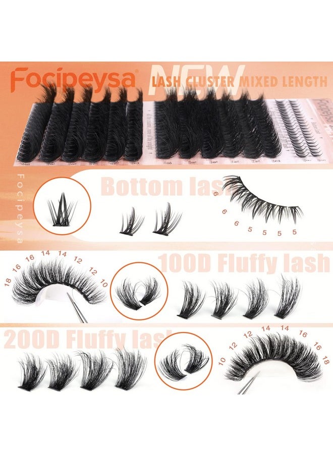 Focipeysa Eyelash Clusters 100D 200D Lashes Extensions with Bottom Lash Volume Lash Clusters 256pcs Individual Eyelash Extensions 12-18mm Mixed Eyelash Extensions DIY D Curl Lash Extension at Home