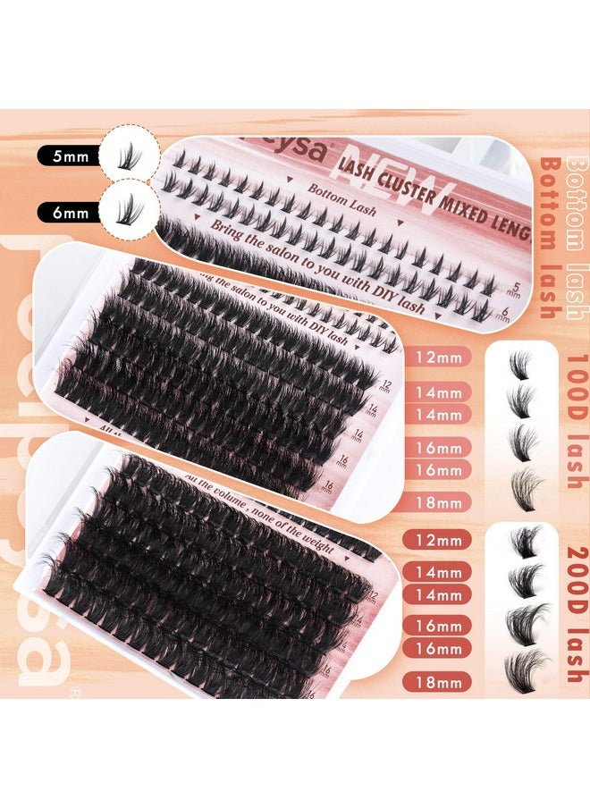 Focipeysa Eyelash Clusters 100D 200D Lashes Extensions with Bottom Lash Volume Lash Clusters 256pcs Individual Eyelash Extensions 12-18mm Mixed Eyelash Extensions DIY D Curl Lash Extension at Home