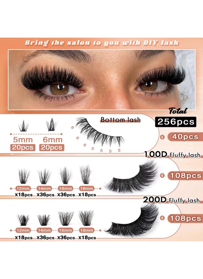 Focipeysa Eyelash Clusters 100D 200D Lashes Extensions with Bottom Lash Volume Lash Clusters 256pcs Individual Eyelash Extensions 12-18mm Mixed Eyelash Extensions DIY D Curl Lash Extension at Home