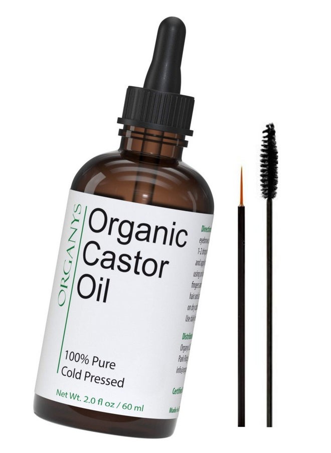 Organys Organic Castor Oil 2oz, For Longer Fuller Thicker Looking Hair Eyelashes & Eyebrows Enhances The Appearance Of Natural Lash & Brow Growth. Serum Comes With Eyeliner & Mascara Brushes