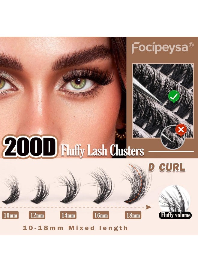 Focipeysa Lash Extension Kit Thick Eyelash Extension Kit 10-18mm Fluffy Lash Clusters 200D Individual Eyelashes Kit with Lash Bond, Lash Remover, Lash Applicator, DIY Lashes Extension