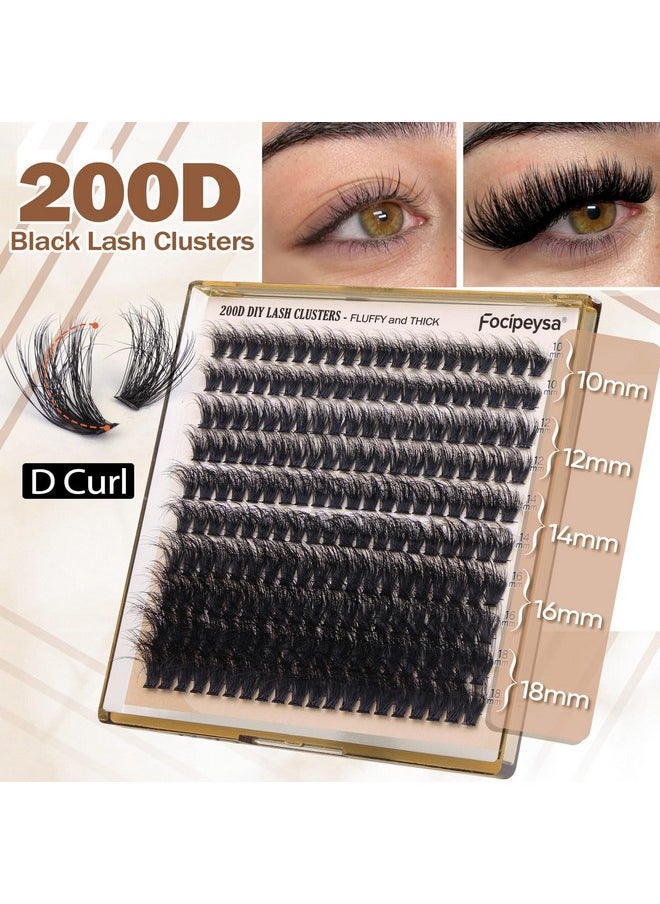 Focipeysa Lash Extension Kit Thick Eyelash Extension Kit 10-18mm Fluffy Lash Clusters 200D Individual Eyelashes Kit with Lash Bond, Lash Remover, Lash Applicator, DIY Lashes Extension