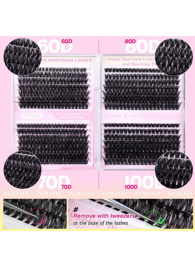 Lash Clusters D Curl Individual Lashes Fluffy Eyelash Clusters Bulk zanlufly Thick Lash Extension 560Pcs Natural DIY Eyelash Extension (9-16MM,60D+70D+80D+100D)