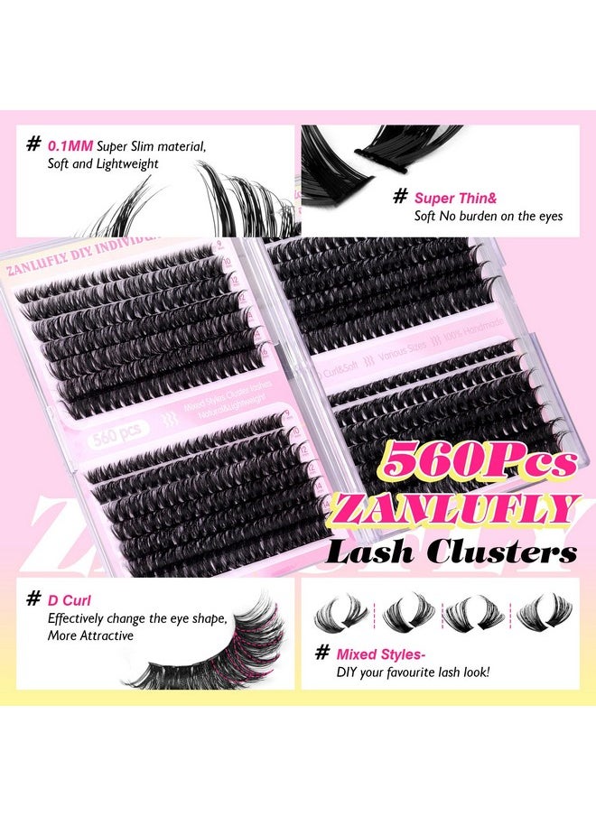 Lash Clusters D Curl Individual Lashes Fluffy Eyelash Clusters Bulk zanlufly Thick Lash Extension 560Pcs Natural DIY Eyelash Extension (9-16MM,60D+70D+80D+100D)