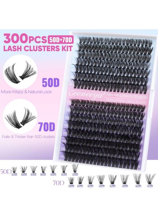 Geeneiya Wispy Lash Clusters Kit 50D+70D Lash Extension Kit 10-18mm Cluster Eyelash Extensions Kit Natural Individual Lashes Kit with Waterproof Lash Bond and Seal Glue Lash Tweezers for Beginners