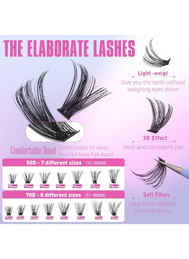Geeneiya Wispy Lash Clusters Kit 50D+70D Lash Extension Kit 10-18mm Cluster Eyelash Extensions Kit Natural Individual Lashes Kit with Waterproof Lash Bond and Seal Glue Lash Tweezers for Beginners