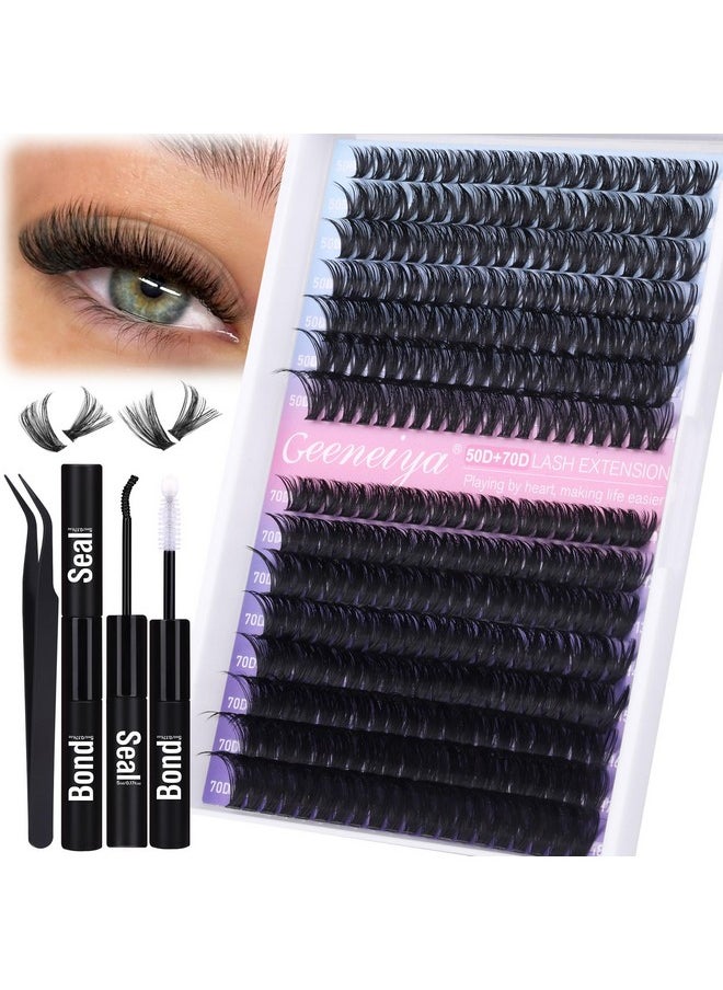 Geeneiya Wispy Lash Clusters Kit 50D+70D Lash Extension Kit 10-18mm Cluster Eyelash Extensions Kit Natural Individual Lashes Kit with Waterproof Lash Bond and Seal Glue Lash Tweezers for Beginners