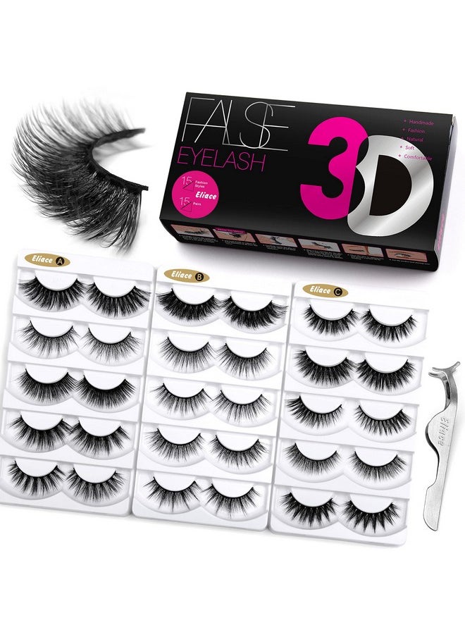 Eliace Fluffy Eyelashes 3D Mink Lashes Cat Eyes 15 Mixed Styles 15 Pairs Reusable Soft Fake Eyelashes Volume Strip Lashes Natural Look Wispies & Big False Eyelashes Pack - with False Lashes Tweezers