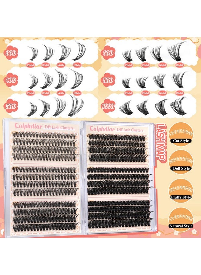 Calphidar Eyelash Clusters 30D+40D+50D+60D+80D+100D Lash Clusters Wispy Individual Lashes 476PCS D Curl Lash Extension 8-16MM Natural Lashes Clusters DIY Cluster Eyelash Extensions for Beginners