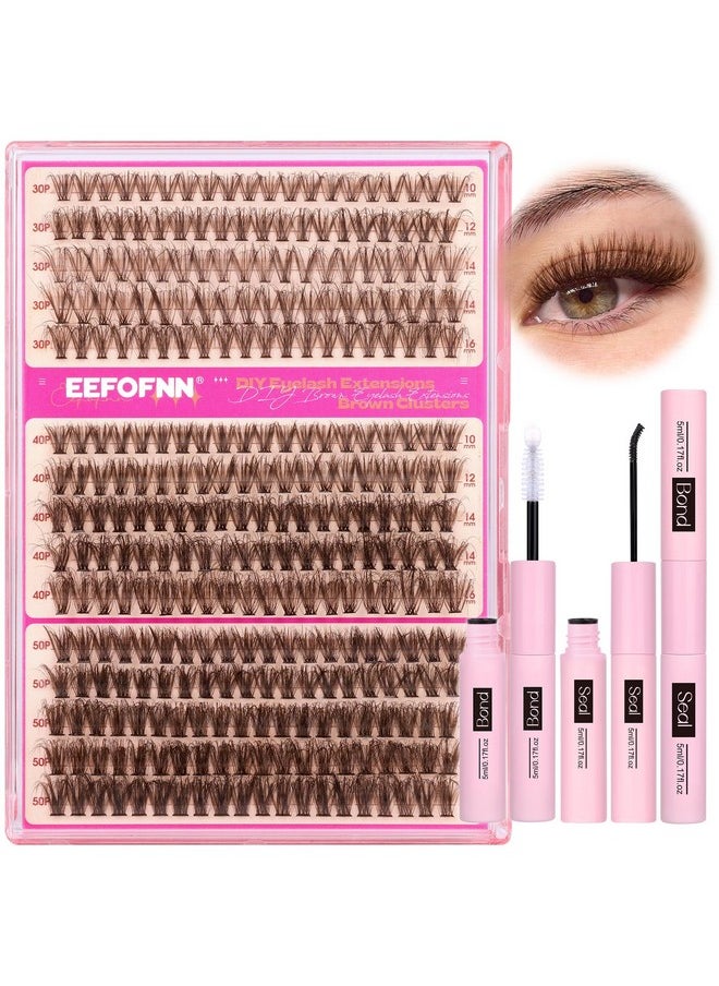 Eefofnn Brown Eyelash Clusters Kit 300 Pcs Natural Lash Clusters Kit 30P+40P+50P Brown Cluster Eyelash Extensions Kit Wispy Individual Lashes Bond and Seal Glue Fluffy Lashes Extension Kit DIY at Home