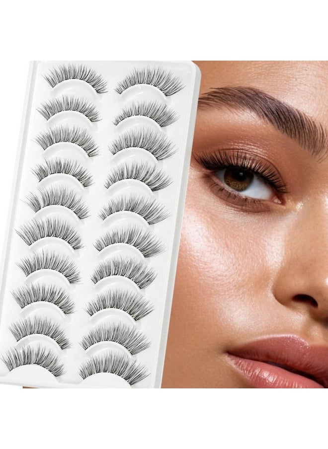 EMEDA False Eyelashes Natural Strips Look Pestañas Postizas Naturales 10 Pairs Invisible Band 3D Demi Wispies 12mm Fake Lashes Small Face Lashes Handmade Clear Band Eye Lashes(005)