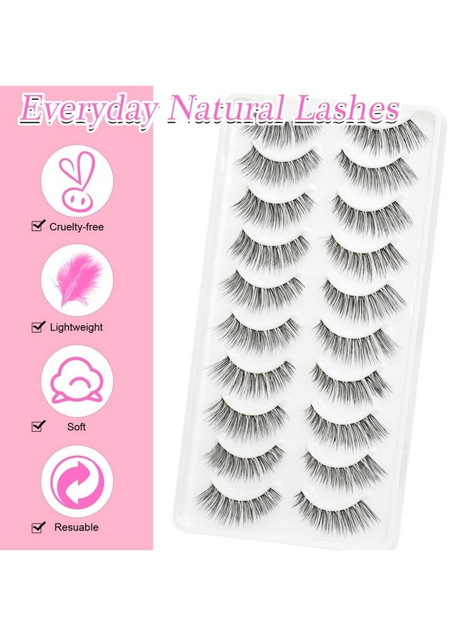 EMEDA False Eyelashes Natural Strips Look Pestañas Postizas Naturales 10 Pairs Invisible Band 3D Demi Wispies 12mm Fake Lashes Small Face Lashes Handmade Clear Band Eye Lashes(005)
