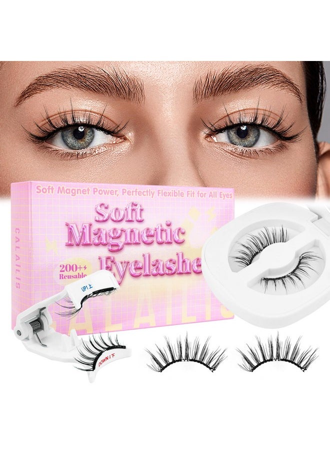 CALAILIS Magnetic Eyelashes with Applicator Soft Magnetic Lashes Natural Look Reusable Magnetic Eyelashes without Eyeliner No Glue Needed Soft Eyelashes Magnetic Lashes for All Day Comfort (RC01)