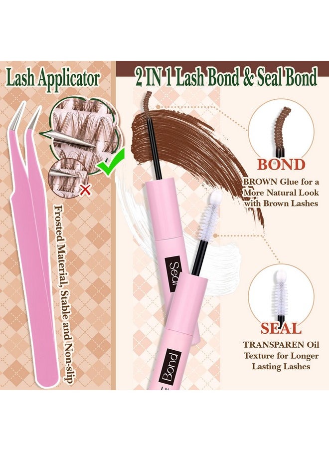 Brown Lash CLusters Kit with Bottom Lash Clusters Wispy Brown DIY Lash Extension Kit Natural C Curl Eyelash Clusters Invisible Band Lash Clusters with Lash Bond and Seal Lash Applicator