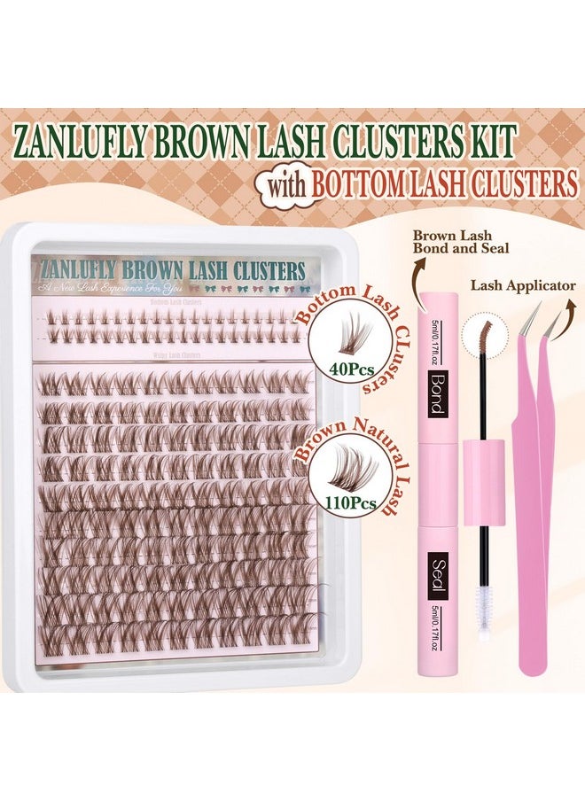 Brown Lash CLusters Kit with Bottom Lash Clusters Wispy Brown DIY Lash Extension Kit Natural C Curl Eyelash Clusters Invisible Band Lash Clusters with Lash Bond and Seal Lash Applicator