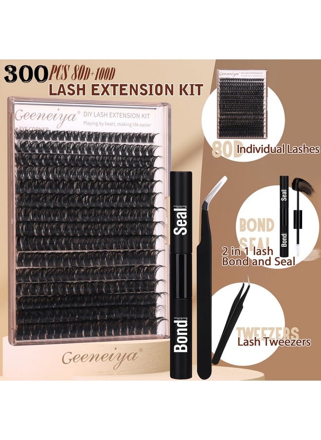 Geeneiya Volume Lash Clusters Kit DIY Lash Extension Kit D Curl Eyelash Extensions with Waterproof Lash Bond and Seal Waterproof Tweezers,10-14mm Eye Corner Eyelashes and 16-18MM Cluster Lashes 300Pcs