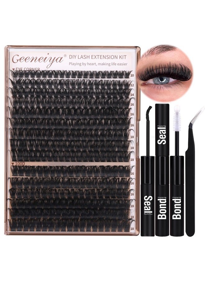 Geeneiya Volume Lash Clusters Kit DIY Lash Extension Kit D Curl Eyelash Extensions with Waterproof Lash Bond and Seal Waterproof Tweezers,10-14mm Eye Corner Eyelashes and 16-18MM Cluster Lashes 300Pcs