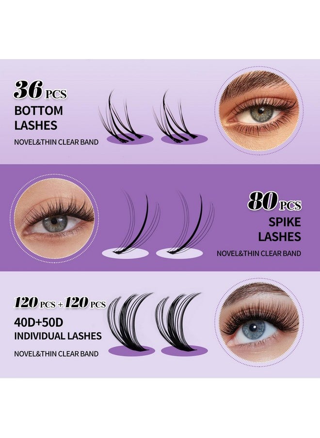 DIY Lash Extension Kit Lash Clusters With Bottom Lashes 20/30/40/50D 12-18mm Multi-types Individual Lashes Bond and Seal, Spike, Volume Lashes Kit Lash Applicator(40/50 Kit)