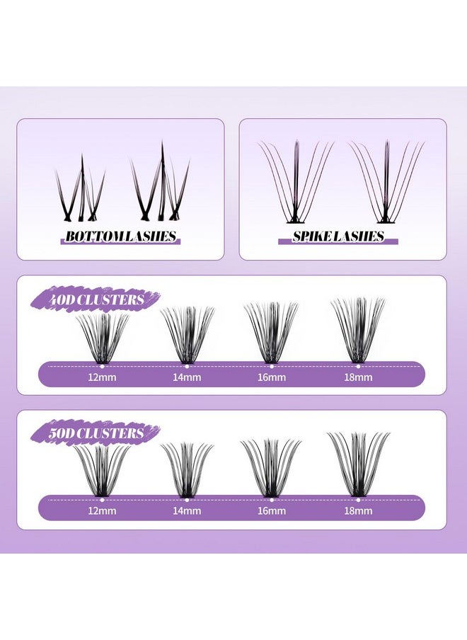 DIY Lash Extension Kit Lash Clusters With Bottom Lashes 20/30/40/50D 12-18mm Multi-types Individual Lashes Bond and Seal, Spike, Volume Lashes Kit Lash Applicator(40/50 Kit)