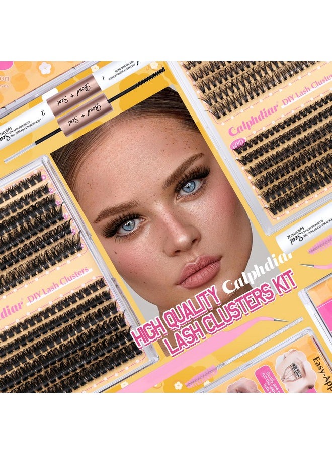 Calphdiar DIY Lash Extension Kit Wispy Eyelash Extension Kit D Curl Lash Clusters Kit 8-16mm 474pcs Lashes Extension Kit with Lash Bond and Seal, Lash Tweezers, Eyelash Brush(40+60+80+100D)