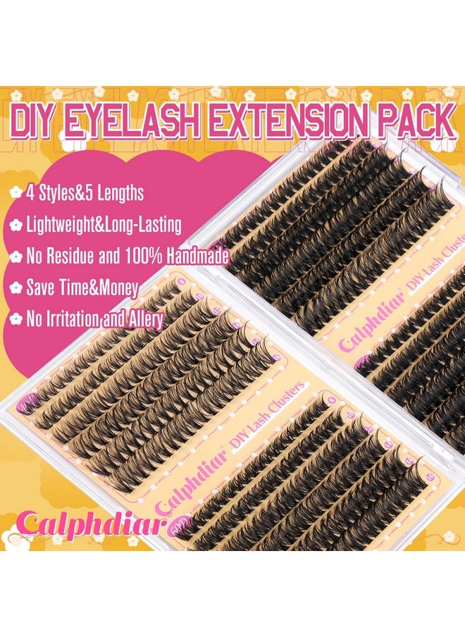 Calphdiar DIY Lash Extension Kit Wispy Eyelash Extension Kit D Curl Lash Clusters Kit 8-16mm 474pcs Lashes Extension Kit with Lash Bond and Seal, Lash Tweezers, Eyelash Brush(40+60+80+100D)