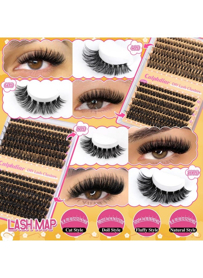 Calphdiar DIY Lash Extension Kit Wispy Eyelash Extension Kit D Curl Lash Clusters Kit 8-16mm 474pcs Lashes Extension Kit with Lash Bond and Seal, Lash Tweezers, Eyelash Brush(40+60+80+100D)