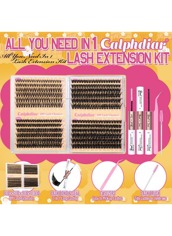 Calphdiar DIY Lash Extension Kit Wispy Eyelash Extension Kit D Curl Lash Clusters Kit 8-16mm 474pcs Lashes Extension Kit with Lash Bond and Seal, Lash Tweezers, Eyelash Brush(40+60+80+100D)