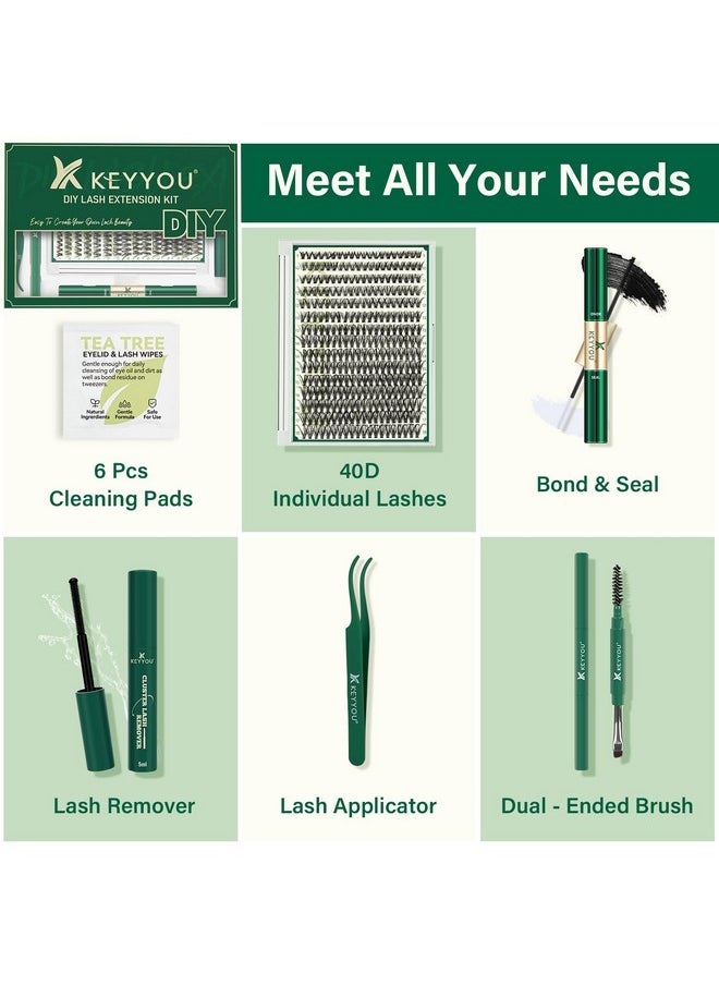 DIY Lash Extension Kit KEYYOU 300Pcs Individual Eyelash Extension Kit 40D 0.07D Curl 9-18MIX Lash Clusters Kit with Lash Glue Remover Applicator Easy to Use for Beginners(Kit-40D-0.07D,9-18MIX)