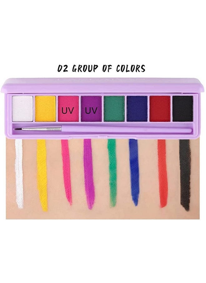 Go Ho 8 Colors Water Activated Eyeliner Palette,High Pigment Bright Vibrant Fluorescent Rainbow Colorful Eye/Face/Body Paint,Matte and UV Paint Graphic Eyeliner with Brushes -02