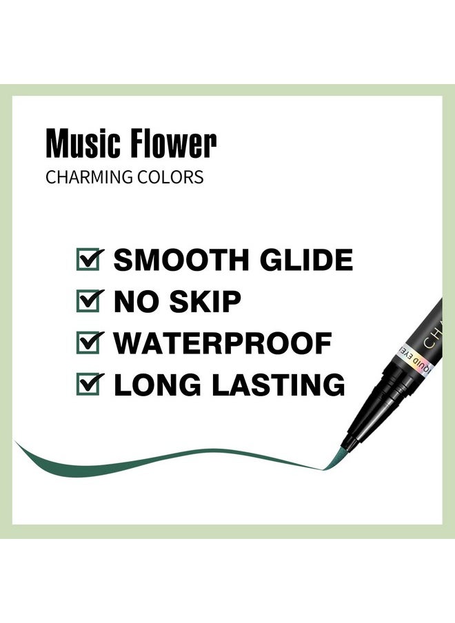 Music Flower Eyeliner Pen,Colored Matte Liquid Eyeliner Waterproof Smudge Resistant with Precise Tip (Green)