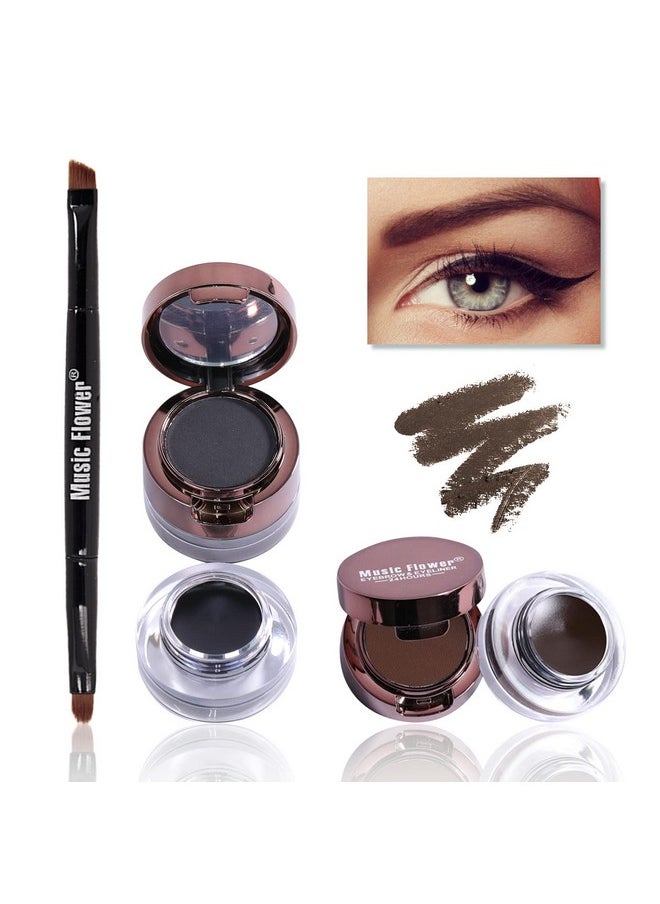 Music Flower Gel Eyeliner Eyebrow Powder, Black and Brown Waterproof Smudgeproof Long Lasting Makeup Eyeliner Gel with Brush Mirror, 0.49 Ounce, Pack of 2