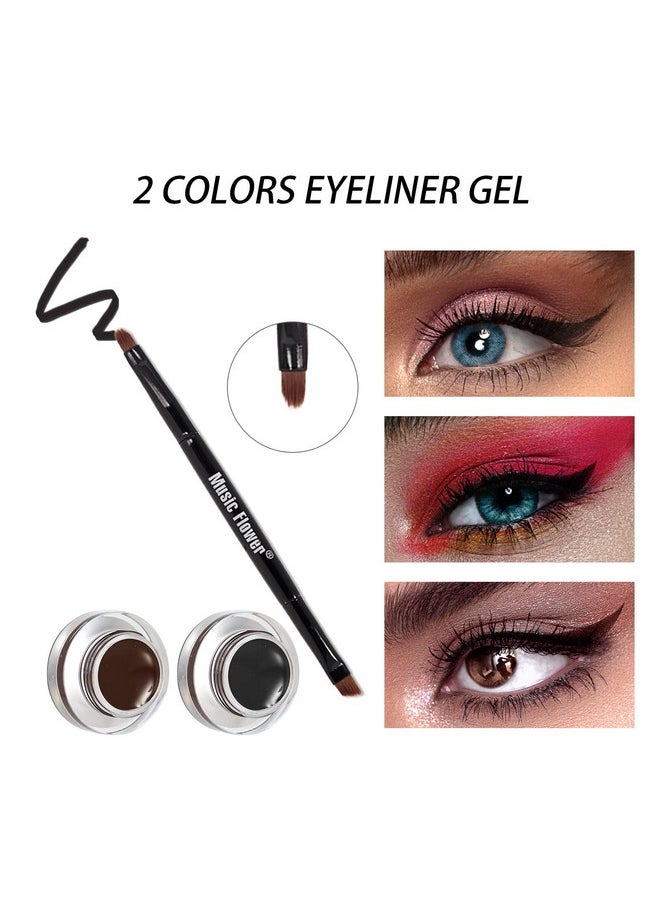 Music Flower Gel Eyeliner Eyebrow Powder, Black and Brown Waterproof Smudgeproof Long Lasting Makeup Eyeliner Gel with Brush Mirror, 0.49 Ounce, Pack of 2