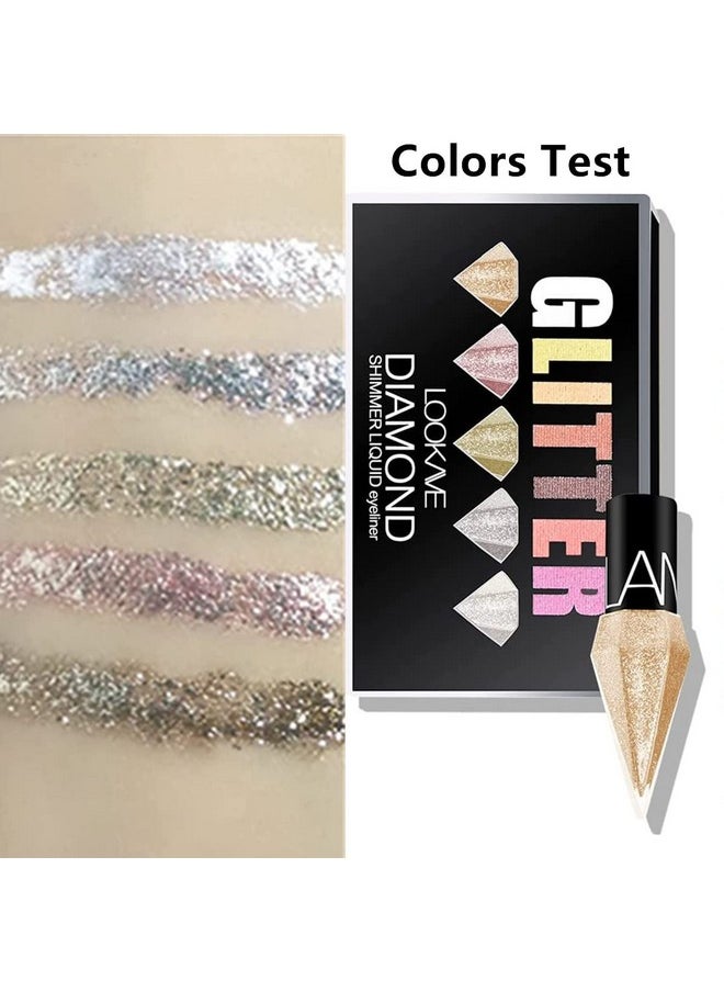 Go Ho Glitter Liquid Eyeliner Colorful Set,5 Colors Metallic Shimmer White Silver Gold Diamond Eye Liner,Glitter Eyeliner Eyeshadow Shine,Waterproof Long Lasting Glow Sparkle Eye Glitter Makeup