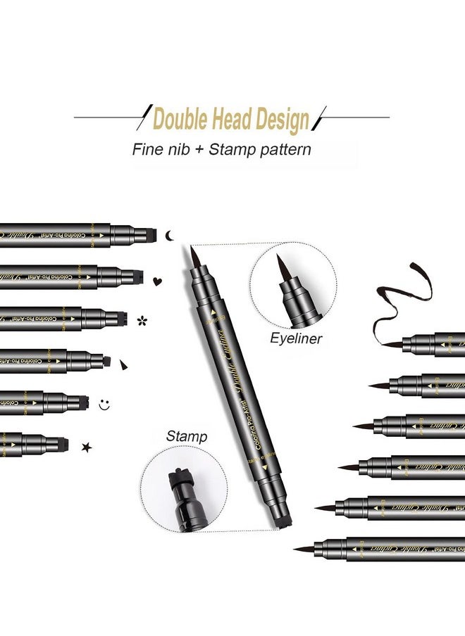 SUMEITANG 6 Pcs Double-headed Eyeliner Stamps Set Black Liquid Eye Liner Pen With Star,Moon,Heart,Flower,Smiley,Triangle Stamp Stencils Shapes for Women Makeup Kit Long-Lasting Waterproof Smudgeproof