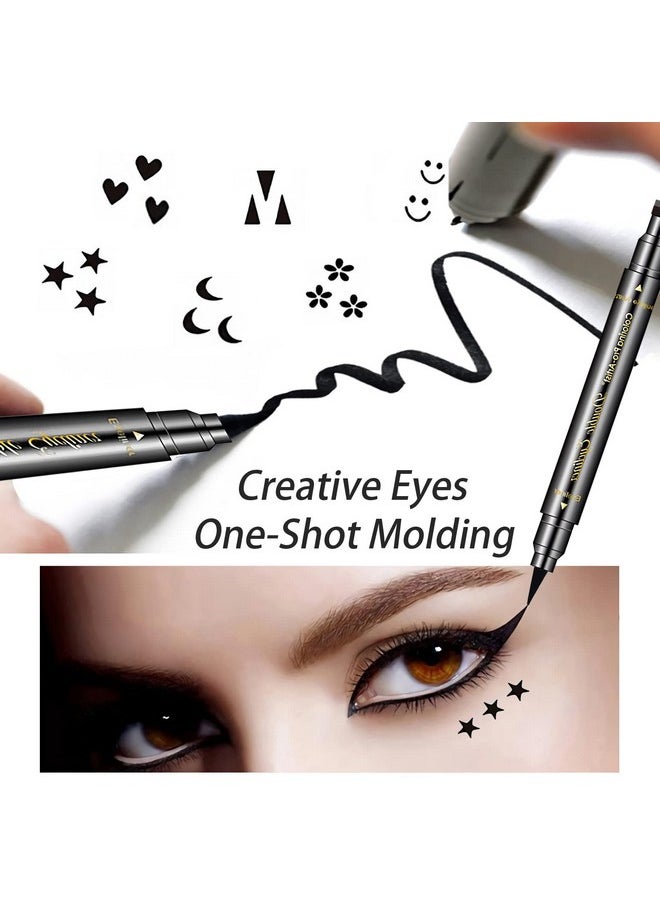 SUMEITANG 6 Pcs Double-headed Eyeliner Stamps Set Black Liquid Eye Liner Pen With Star,Moon,Heart,Flower,Smiley,Triangle Stamp Stencils Shapes for Women Makeup Kit Long-Lasting Waterproof Smudgeproof