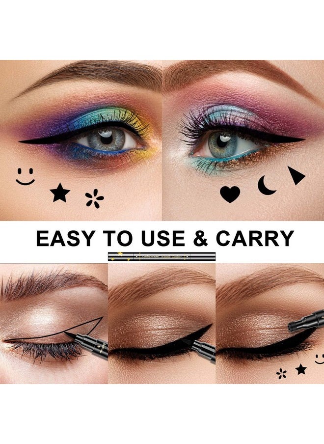 SUMEITANG 6 Pcs Double-headed Eyeliner Stamps Set Black Liquid Eye Liner Pen With Star,Moon,Heart,Flower,Smiley,Triangle Stamp Stencils Shapes for Women Makeup Kit Long-Lasting Waterproof Smudgeproof