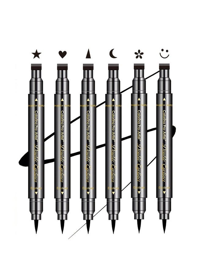 SUMEITANG 6 Pcs Double-headed Eyeliner Stamps Set Black Liquid Eye Liner Pen With Star,Moon,Heart,Flower,Smiley,Triangle Stamp Stencils Shapes for Women Makeup Kit Long-Lasting Waterproof Smudgeproof