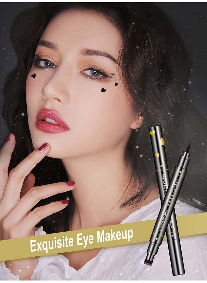 SUMEITANG 6 Pcs Double-headed Eyeliner Stamps Set Black Liquid Eye Liner Pen With Star,Moon,Heart,Flower,Smiley,Triangle Stamp Stencils Shapes for Women Makeup Kit Long-Lasting Waterproof Smudgeproof