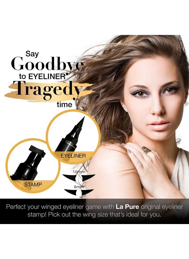 LA PURE Wing Eyeliner Stamp Pens 2x Liquid Cat Eye Winged Eyeliner Stamp & Fine Tipped Pen Eyeliner Stencil Smudge Proof Black Eye Liner Tiktok Trend Items Sweatproof -Black 10mm