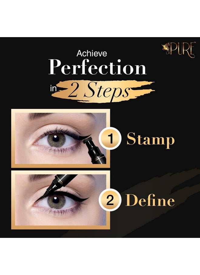 LA PURE Wing Eyeliner Stamp Pens 2x Liquid Cat Eye Winged Eyeliner Stamp & Fine Tipped Pen Eyeliner Stencil Smudge Proof Black Eye Liner Tiktok Trend Items Sweatproof -Black 10mm
