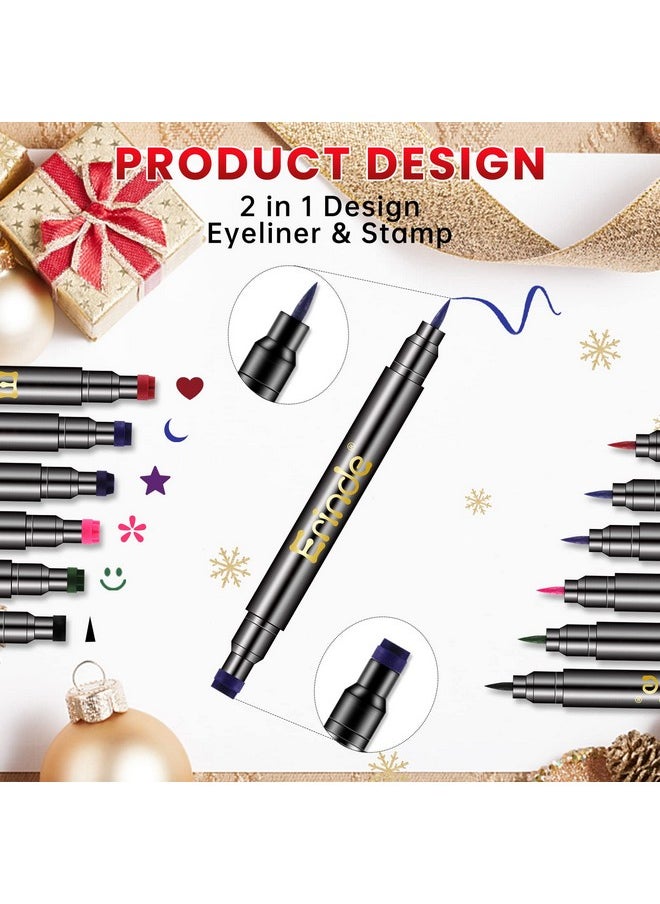 Erinde 6 Colors Double-headed Liquid Eyeliner Stamp Pen Set, Blue Red Pink Purple Green Black Colorful Winged Eye Liners for Women, Waterproof Long-Lasting Star Moon Heart Halloween Eye Face Makeup
