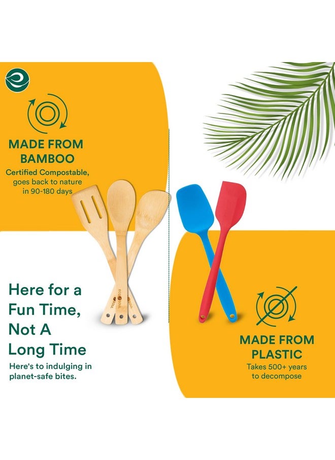 ECO SOUL [Set of 6] Bamboo Cooking Utensils | Non-Stick Wooden Spoons, Ladles & Turners | Bamboo Wood Kitchen Accessories for Cooking, Serving, Mixing | USDA Certified,30 centimeter