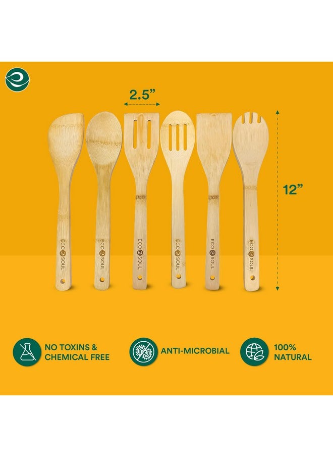 ECO SOUL [Set of 6] Bamboo Cooking Utensils | Non-Stick Wooden Spoons, Ladles & Turners | Bamboo Wood Kitchen Accessories for Cooking, Serving, Mixing | USDA Certified,30 centimeter
