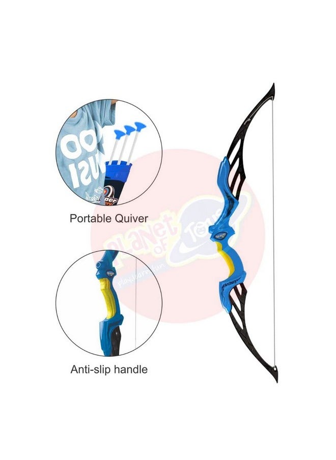 Planet of Toys Super Archery Bow and Arrow Set with Dart Target Board, Colourful with 3 Suction Cup Tip Arrows - Blue