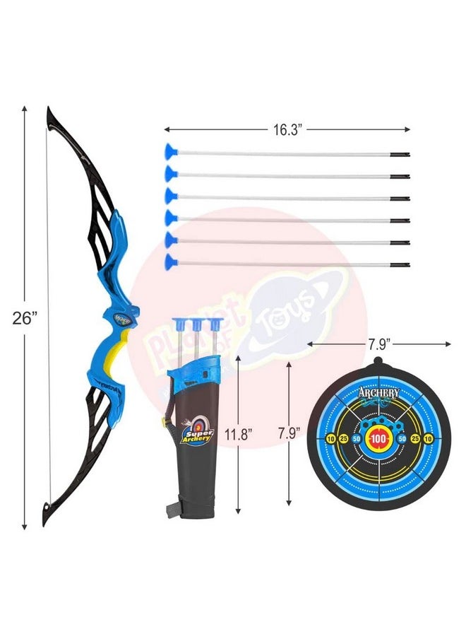 Planet of Toys Super Archery Bow and Arrow Set with Dart Target Board, Colourful with 3 Suction Cup Tip Arrows - Blue