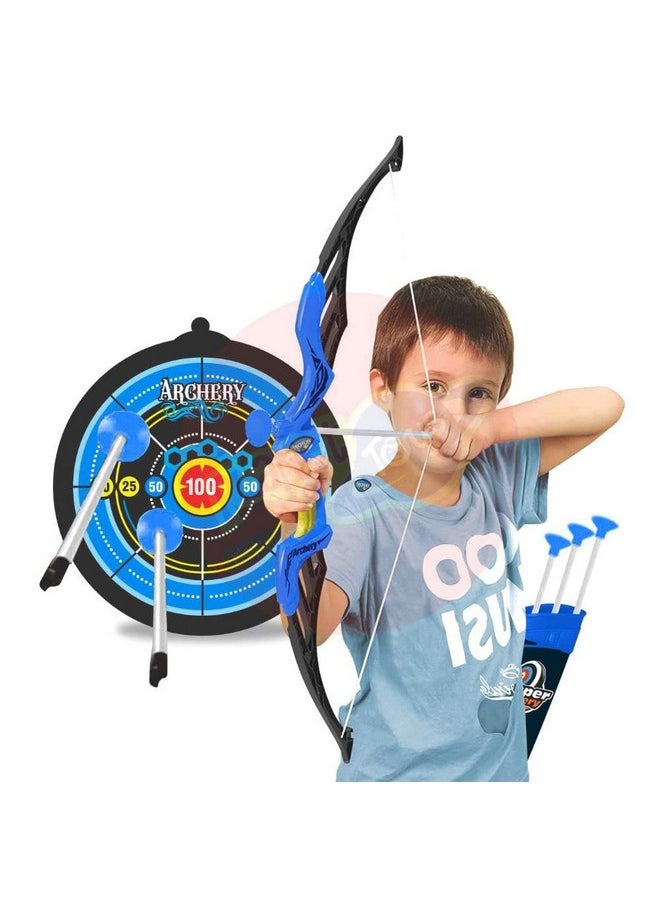 Planet of Toys Super Archery Bow and Arrow Set with Dart Target Board, Colourful with 3 Suction Cup Tip Arrows - Blue